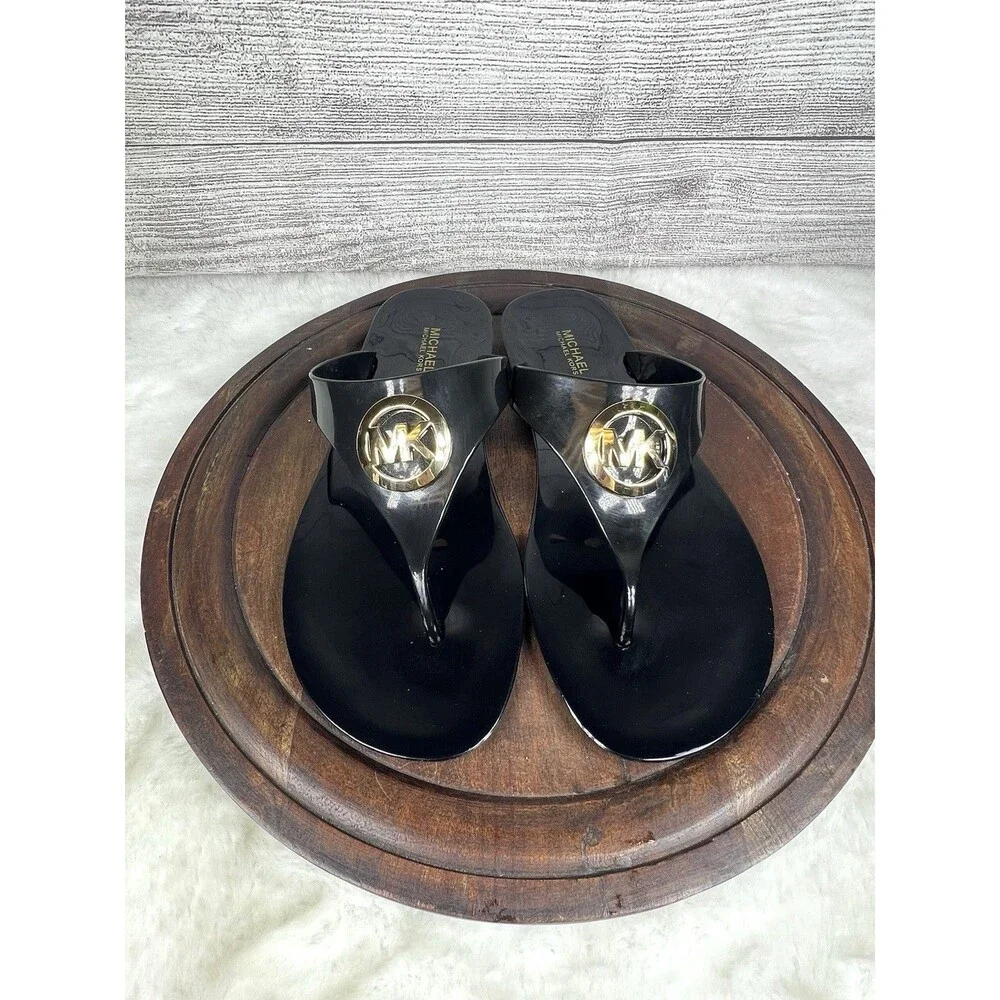 Women MK Michael Kors Lillie Jelly Thong Flat Slide Sandals PVC Black Size 8 M